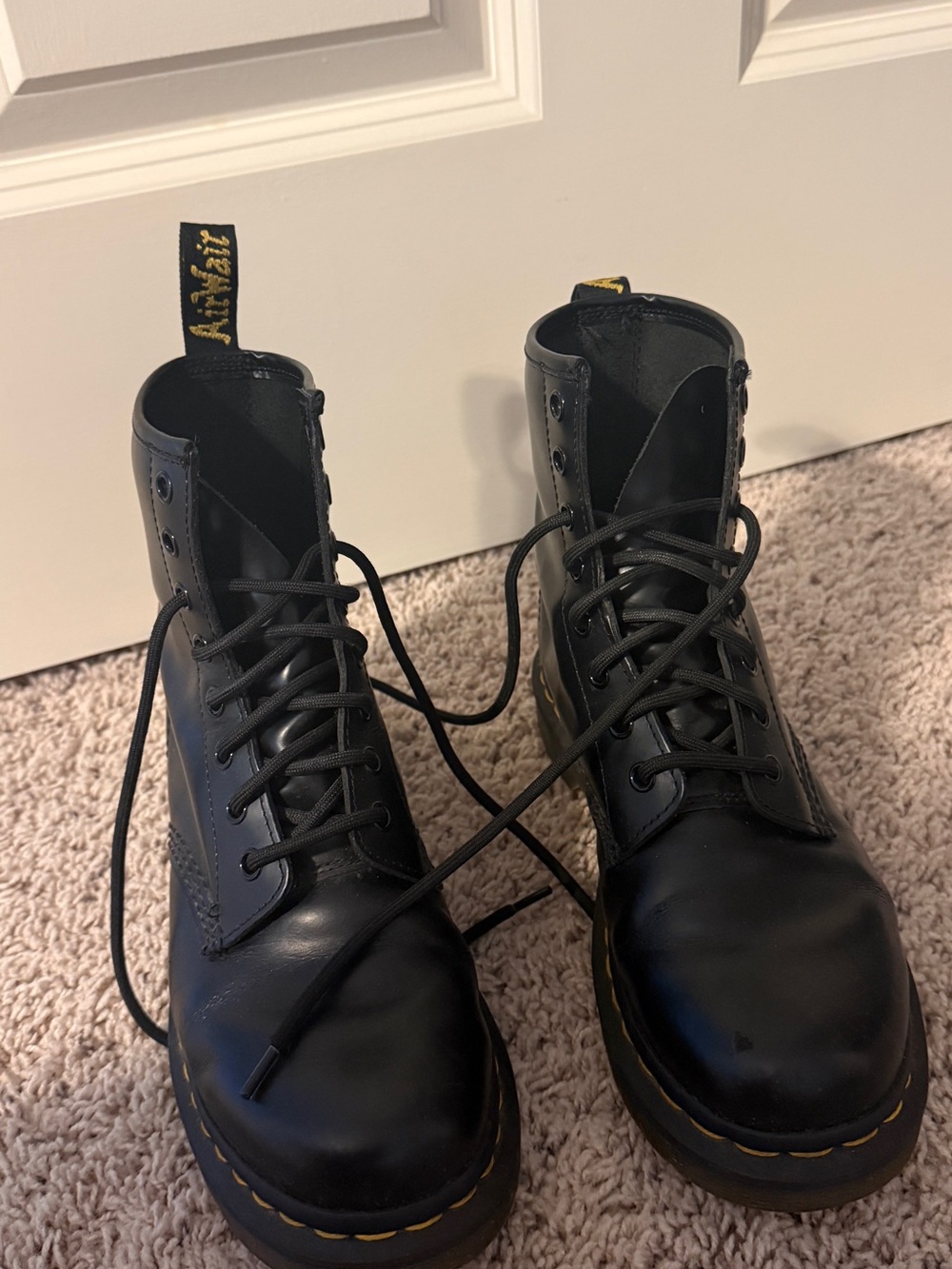 Dr. Martens Black Leather Lace-Up Combat Boots with Yellow Stitching